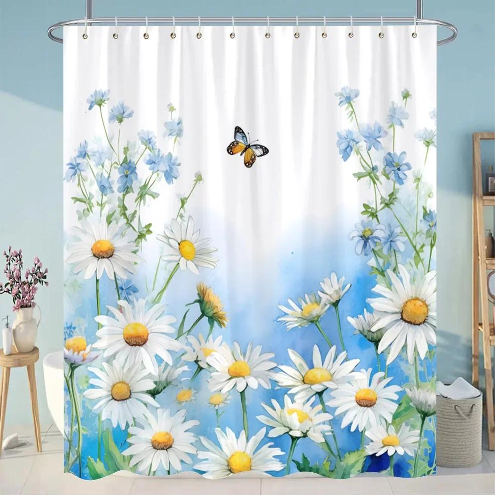 

Botanical Flower Shower Curtain Colourful Flowers Green Leaves Watercolour Art Creative Polyester Shower Curtains Bathroom Decor W90XH180cm