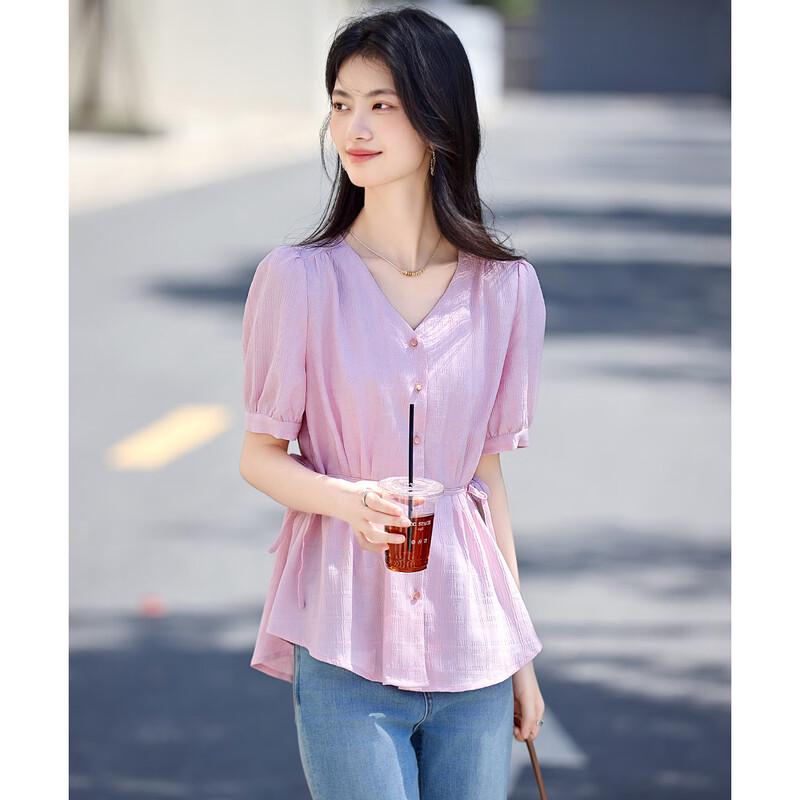 Women's V-Neck Tie-Waist Short Sleeve Blouse