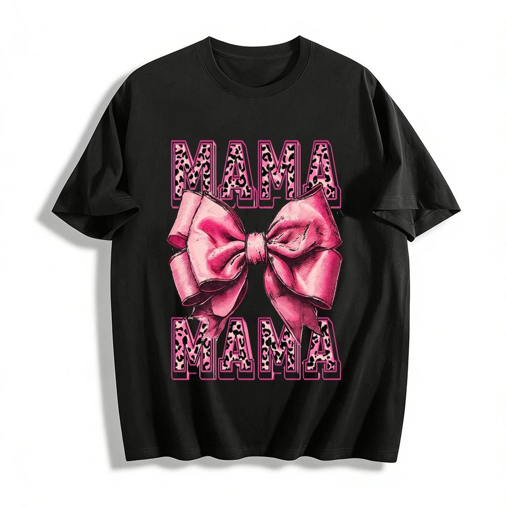 Leopard Print MAMA Bow Graphic Casual Top For Women Pure cotton T-shirt XXS