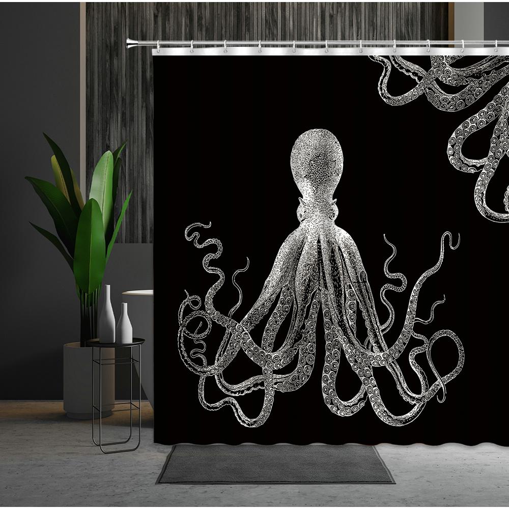 Funny Sea Monster Octopus Shower Curtain Marine Organism Tentacle Black And White Style Bath Curtains Bathroom Decor Fabric Hook