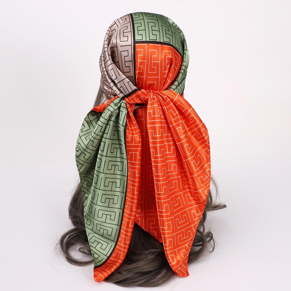 90 * 90Cm Square Scarf, Simulated Silk Scarf, Women'S Headscarf Co Contrasting Color Shawl Stripe Simple