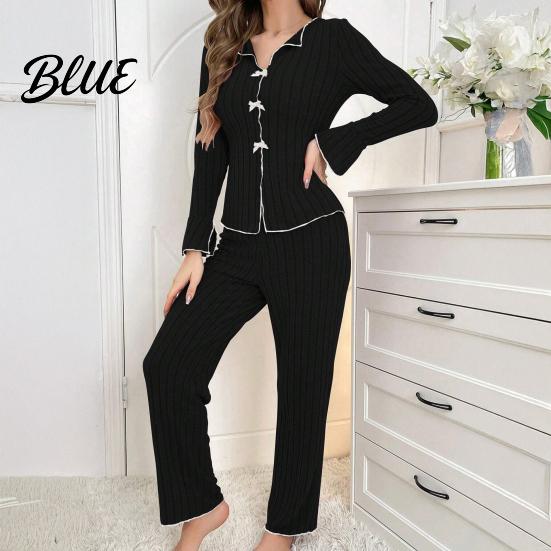 Long-sleeve Pajama Set Women's 2 Piece Long-Sleeve Top with Bow And High-end Sleepwear Long Pants Casual Fall Loungewear Pjs Cozy Nightwear