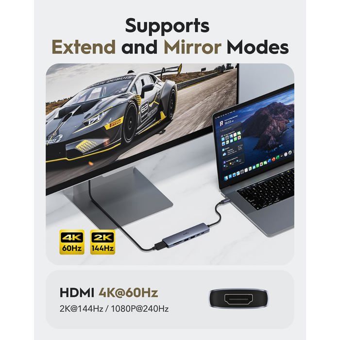 7-in-1 USB-C Hub - Cudy - UH407 - 4K HDMI - 4 USB Ports - Elegant Design