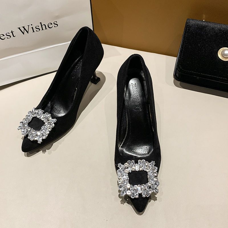 Shallow Mouth Simple Niche Fashion Pointed Design Stiletto High Heels Single Shoes Versatile Square Diamond