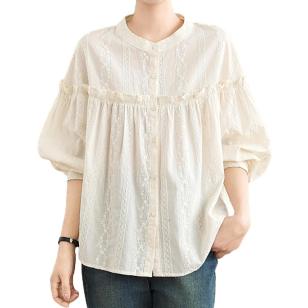 JoccKorr Ruffle Long Sleeve Top with Lace and Round Floral Fashionable and Plus Sizes Office Summer Women's Shirt, Collar, Embroidery, Elegant,