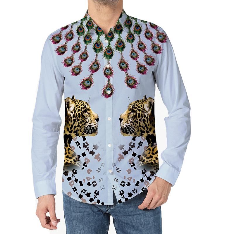 

Повседневная мужская рубашка с длинными рукавами из микроэластичной ткани с леопардовым принтом, рубашка с 3D-принтом 3XL светло-синий