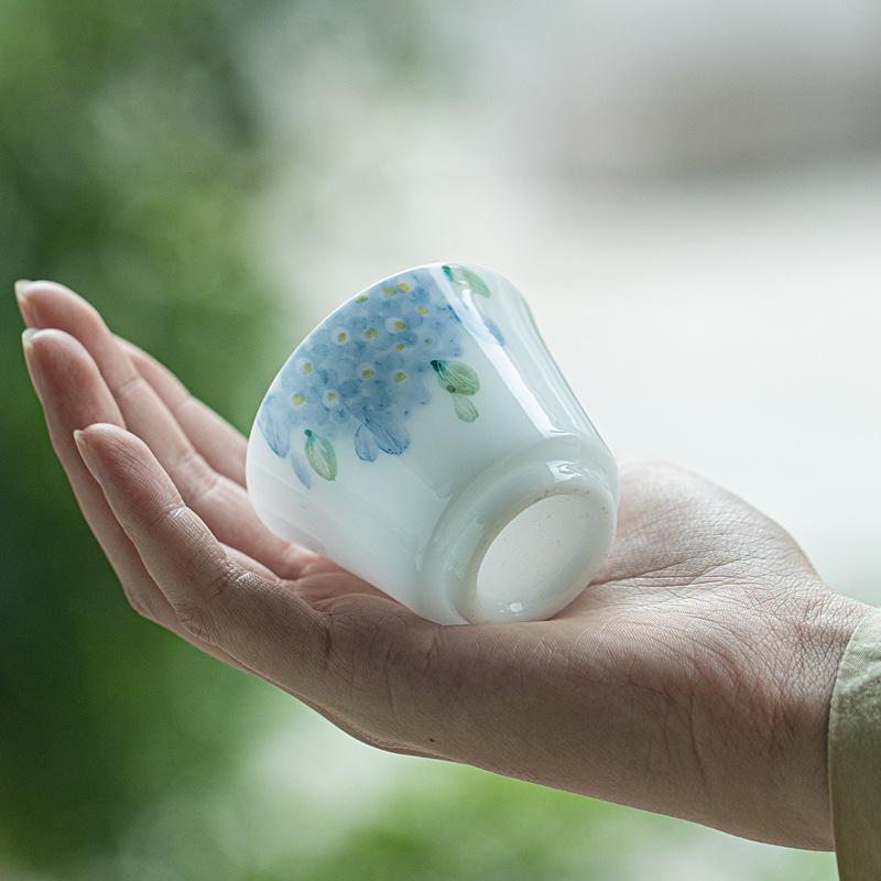 45ML  Jade Porcelain Tea Cup Hand Painted Hydrangea Underglaze High White Gongfu Tea Set Gift