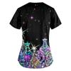 Plus SizePrinted Scrub Working Uniform Tops For Women's Cross V-Neck Print Short Sleeve Fun T-Shirts Workwear Tee With Pockets