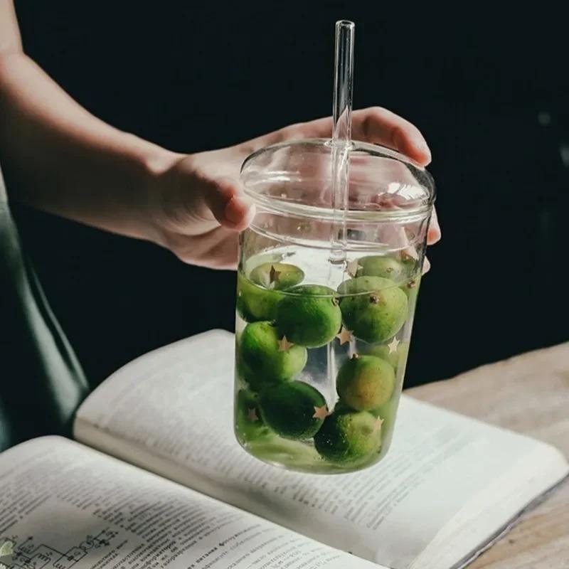 450ML Transparent Glass Iced Coffee Cup Ins Style Clear Glass with Lid and Straw Tea Cup Beer Juice Milk Water Cup Drinkware