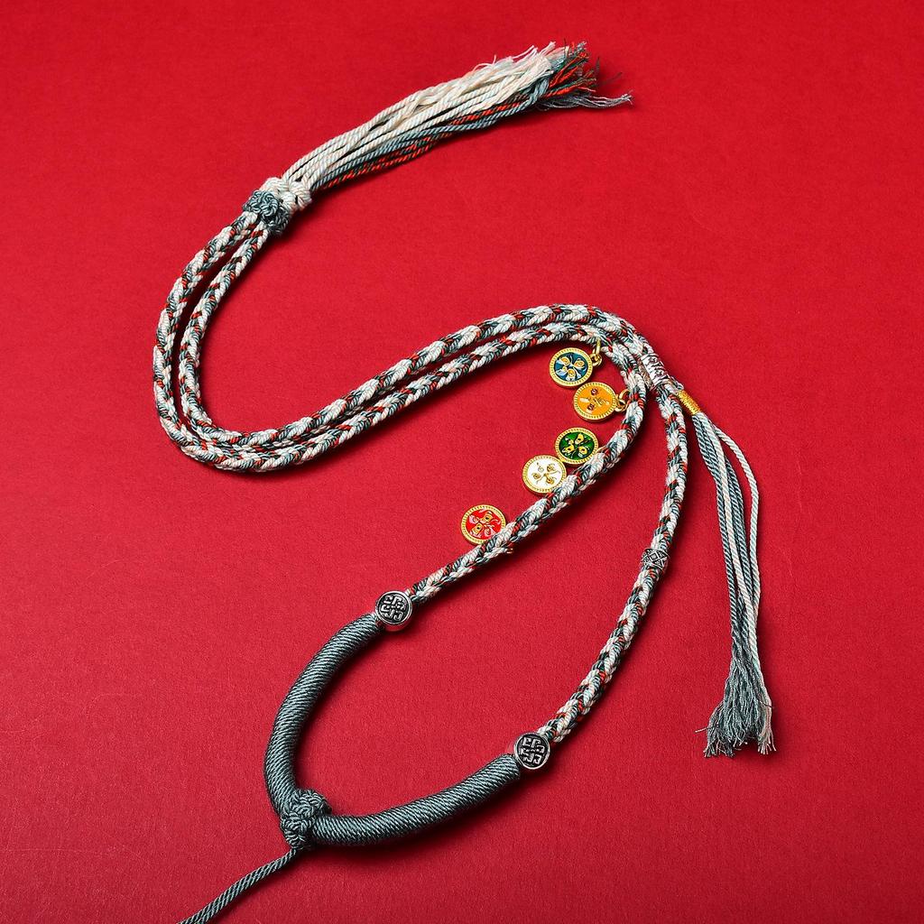 Tibetan Eight-Strand Braided Necklace with Five Gods of Wealth Amulet Pendant