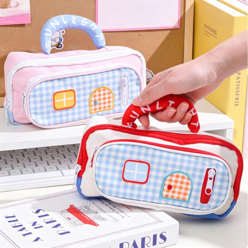 Cute House-themed Handheld Pencil Case, Checkered Print Multi-pocket Stationery Bag