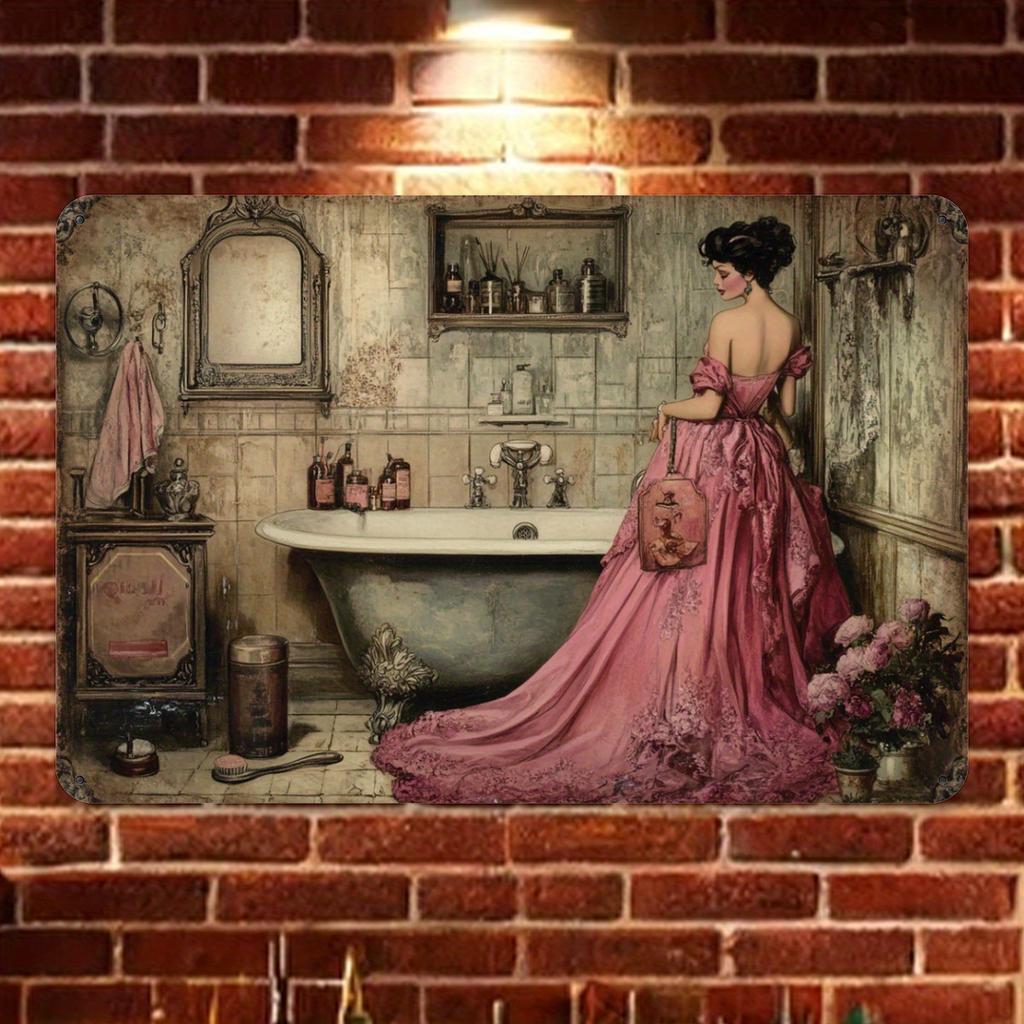 Metallschild im Vintage-Stil - Frau beim Anziehen im Badezimmer - Folienprägung Wandkunst für Heim- und Garagendekor, Eisenmaterial