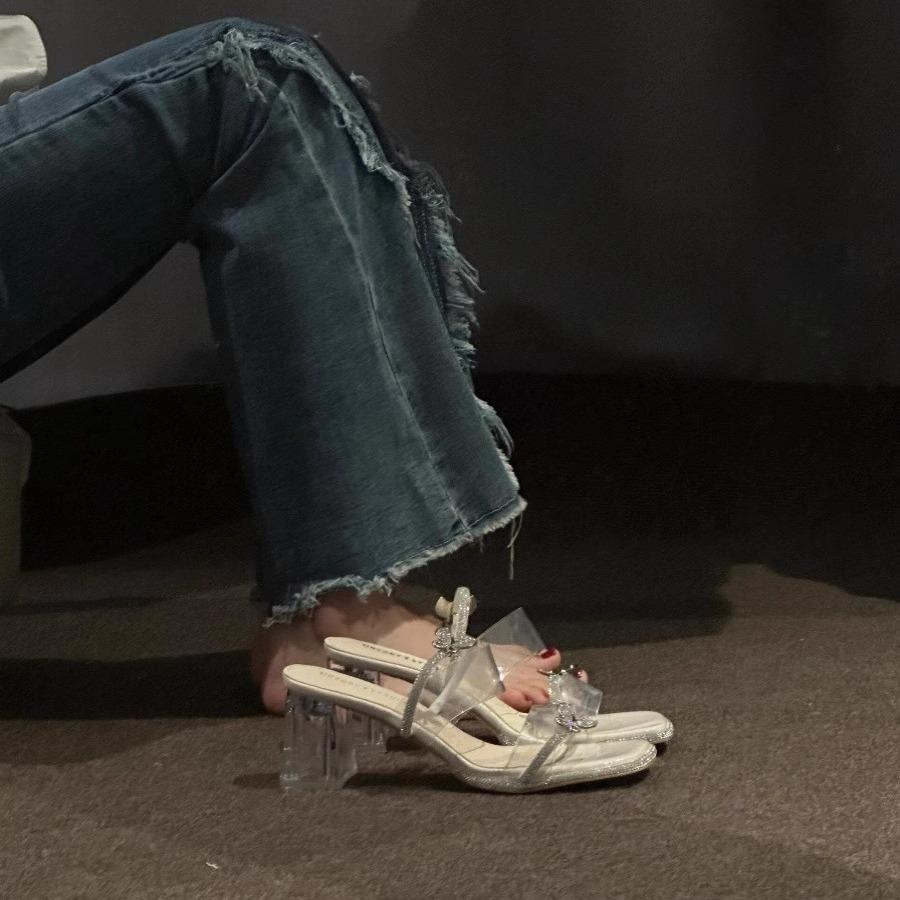 Popular women's shoes summer new sandals women's medium heel crystal heel high heel thick heel two wear rhinestones outside wear cool slippers