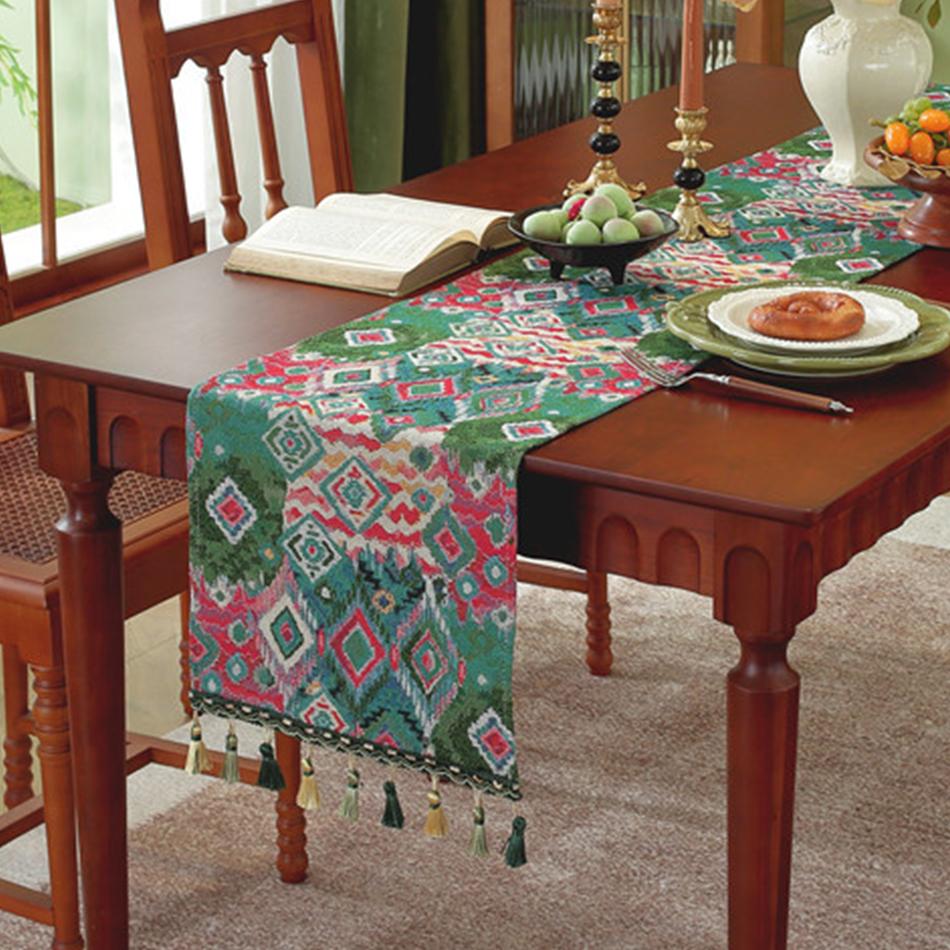 Europäischer Retro Garngefärbter Jacquard Quasten Tischläufer, Baumwoll-Leinen Tischläufer für Party Hochzeit Feste Weihnachten Dekoration