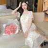 Linglei Summer Printed Lace Bow Mesh Court Princess Style Long Nightdress Pajamas Loungewear Women