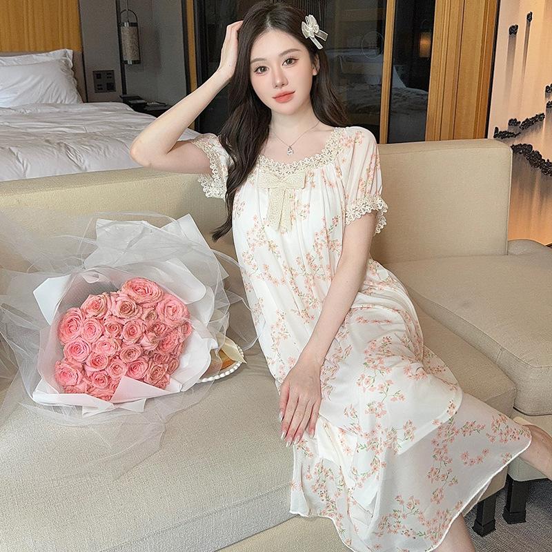Linglei Summer Printed Lace Bow Mesh Court Princess Style Long Nightdress Pajamas Loungewear Women