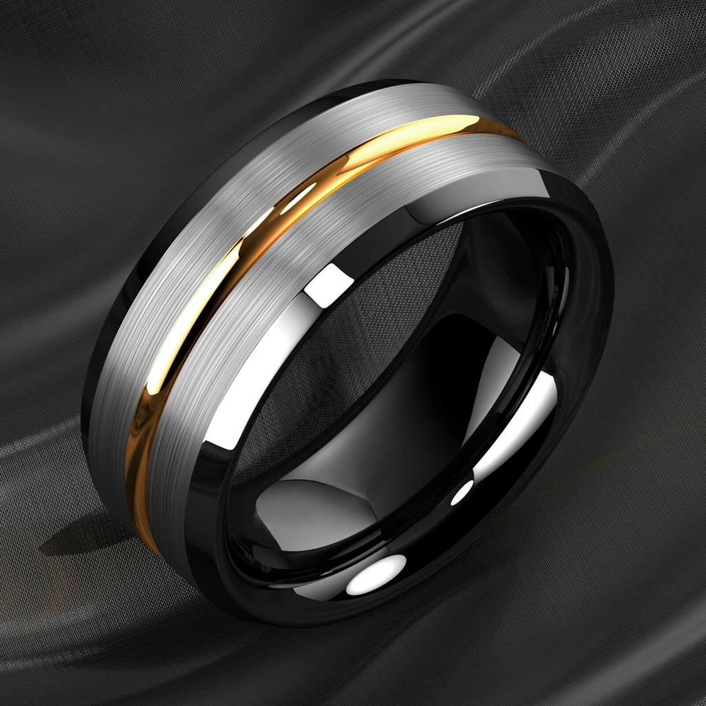 8MM Fashion Gold Color Groove Stainless Steel Rings Silver Color Brushed Black Edge Rings Women Wedding Band Jewelry Men's Ring