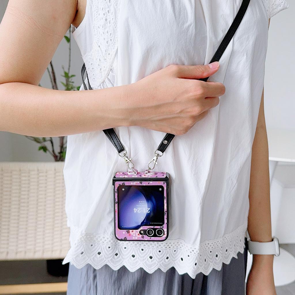 For Samsung Galaxy Z Flip7 FE 5G/Z Flip6 5G Small Flowers Pattern PU Leather Coated PC Phone Cover with Crossbody Strap