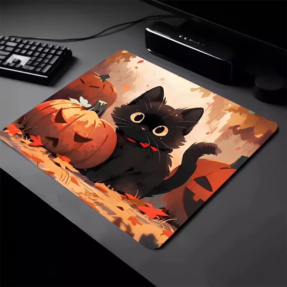 Halloween Cute Black Cat Mouse Pad Cartoon Square Gaming Desk Mat Non-Slip Rubber Keyboard Pad for Office Table Decor Mousepad
