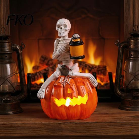 Glow In The Dark Skeleton Halloween Pumpkin Figurine, LED Light-Up Decorative Lantern, Spooky Night Decor Holiday Decoration for Parties &