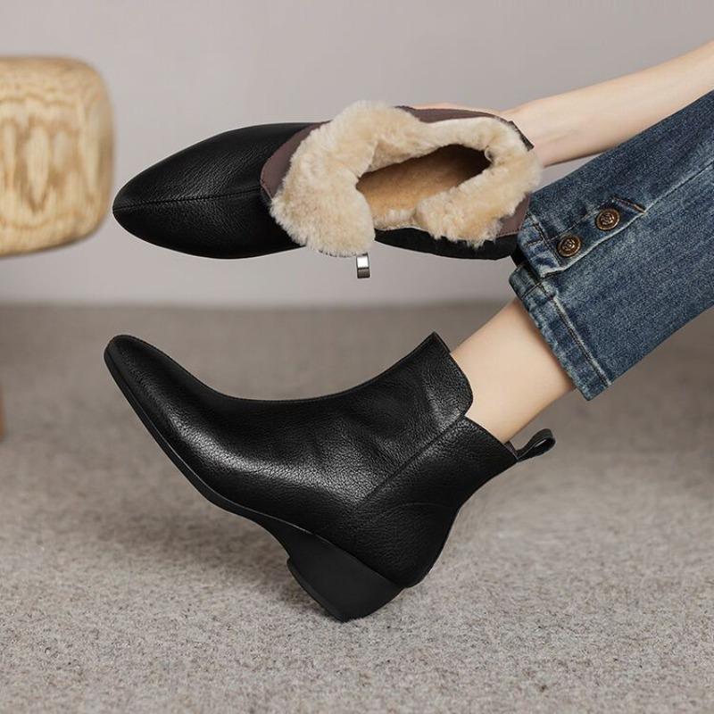 Soft Leather Short Boots Women's New Autumn and Winter Cotton Boots Slope Heel Middle Heel Ankle Boots Bare Boots Velvet Warm