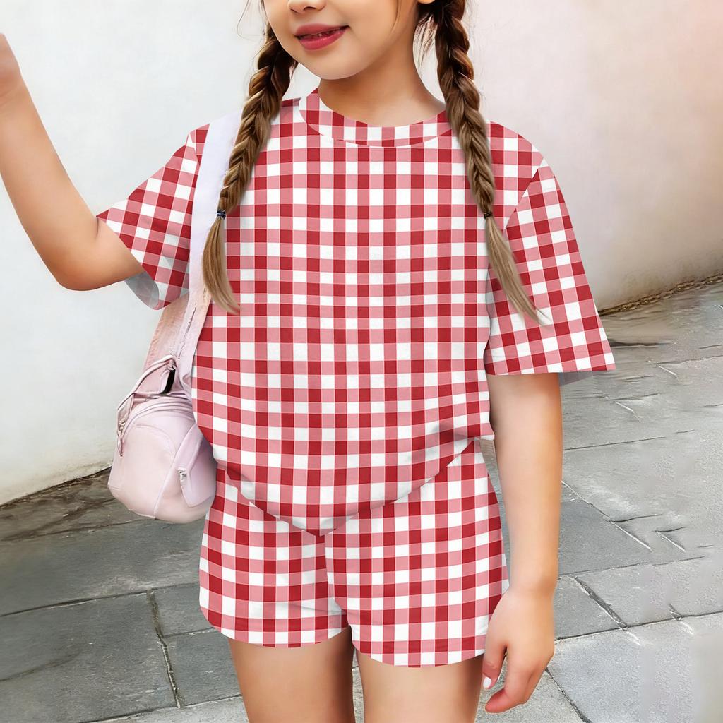 Kids Casual Short Sleeve Top and Shorts Set Plaid Pattern Lightweight Breathable Soft Fabric Comfortable Fit Summer Outfit for Boys Girls