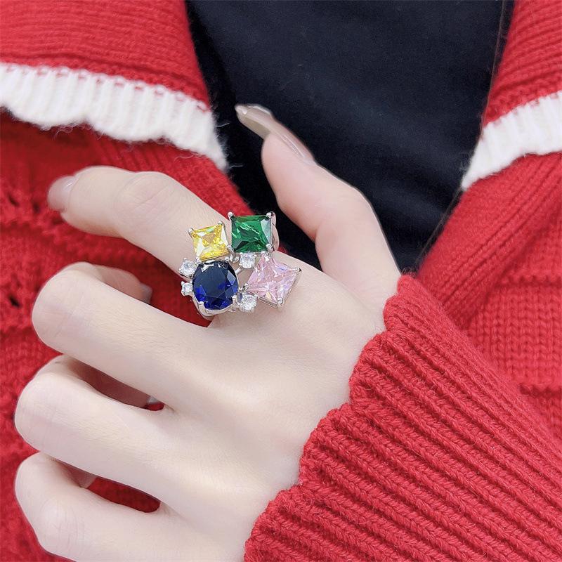 Adjustable Colorful Zirconia Gem Ring for Women – Trendy, Versatile, Fashionable Internet Style