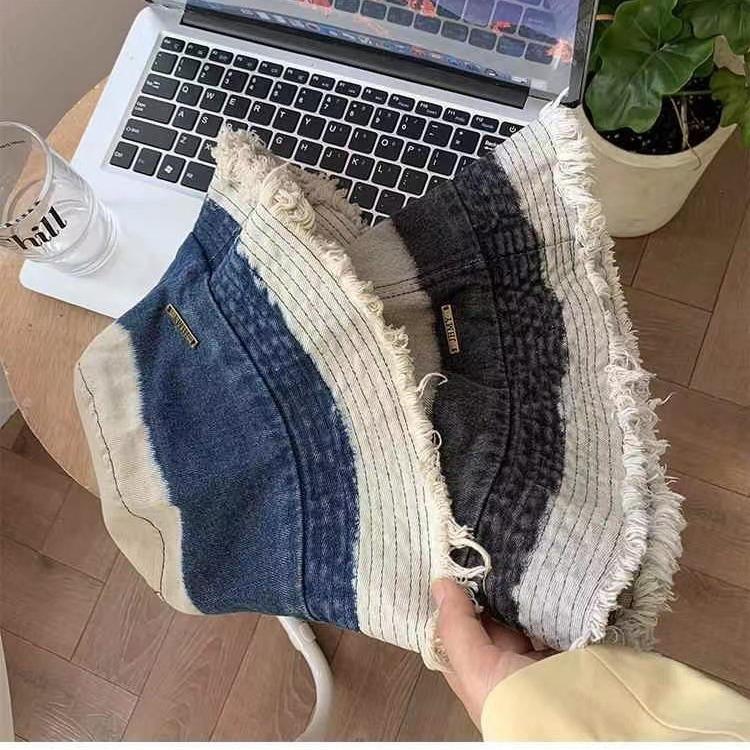 Contrasting color denim blue bucket hat men and women destroy the wind retro washing basin hat edging face bucket hat