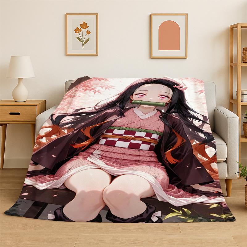 Cartoon Demon Slayer Anime Kamado Nezuko Tanjirou Flannel Blanket Soft Warm Throw Blanket for Bedroom Living Room Bed Travel