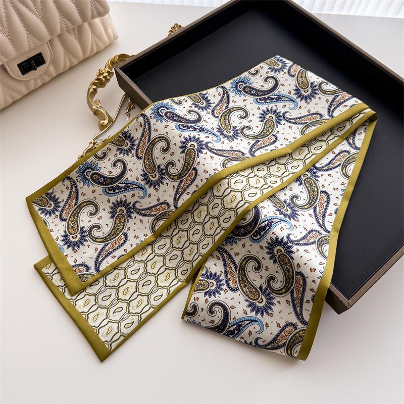 Women Silk Feel Printed Design Scarf Shawl Luxury Long Narrow Small Silk Scarves Ladies Headband Headscarve