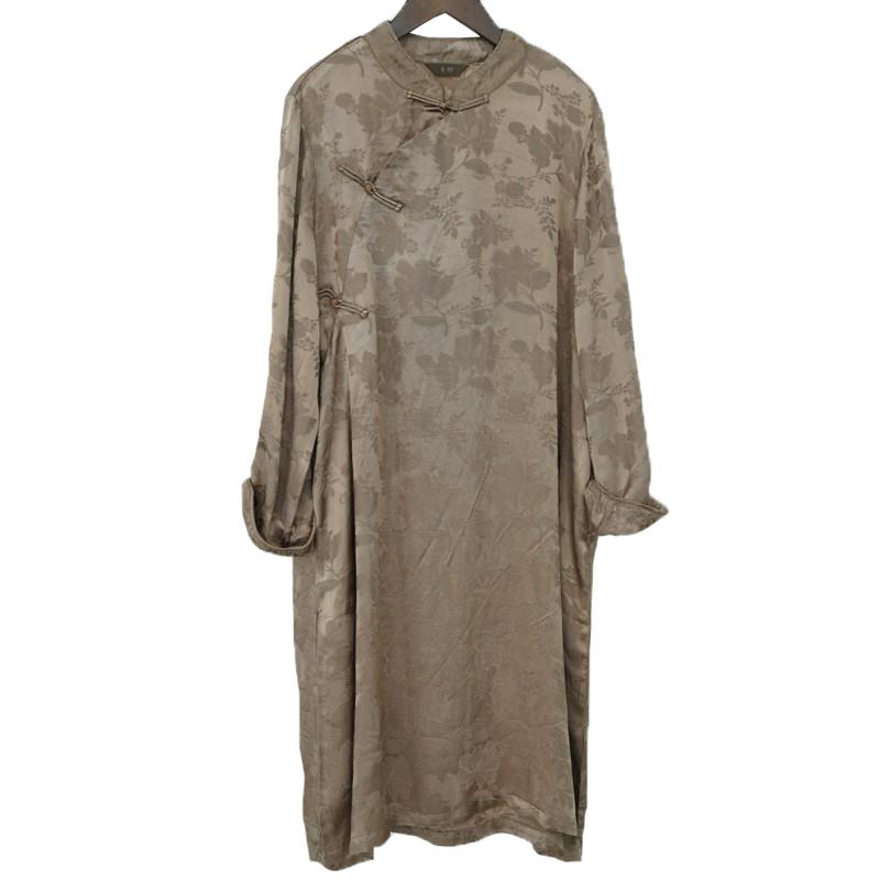 

Johnature Женские винтажные платья с длинным рукавом и пуговицей в китайском стиле, жаккардовое А-силуэтное летнее платье высокого качества One Size коричневый