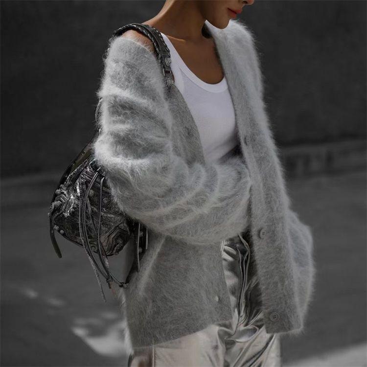Women's Faux Mink Knit Cardigan Jacket Soft and Skin-friendly V-neck Knit Cardigan Autumn and Winter