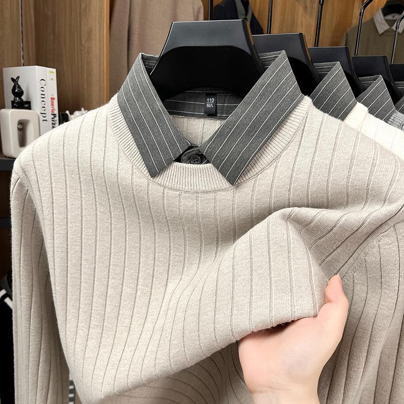 Men's Faux Two-Piece Autumn/Winter Knit Sweater with Shirt Collar - Casual Base Layer for Middle-Aged Dads