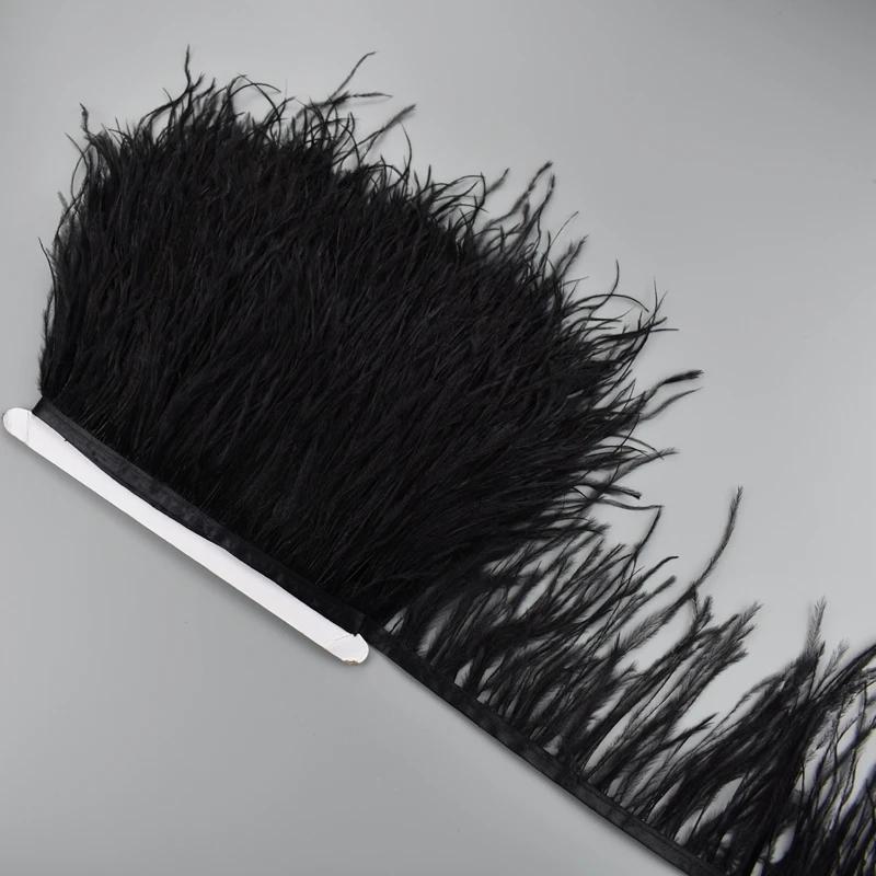 1Meter Ostrich Feathers On Ribbon Tape 10-15Cm Black White Tassel Fringe Trim Shawl Sewing Trimmings Needlework Clothes Decor