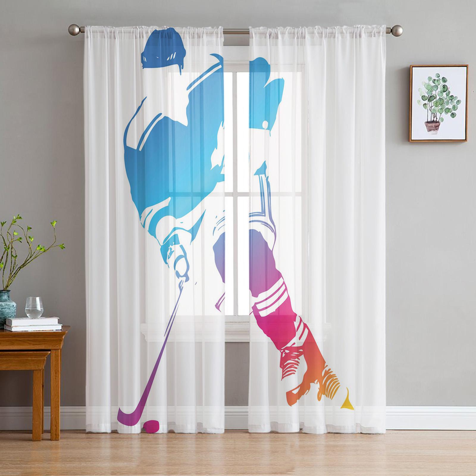 

Хоккеист Катание на коньках Тюль Прозрачные оконные шторы для гостиной, кухни, детской спальни Вуаль Подвесная занавеска W135 x H244cm x2