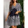 Women‘s V Neck Half Sleeve A-Line Maxi Dress Loose Fit Printed Bohemian Gown