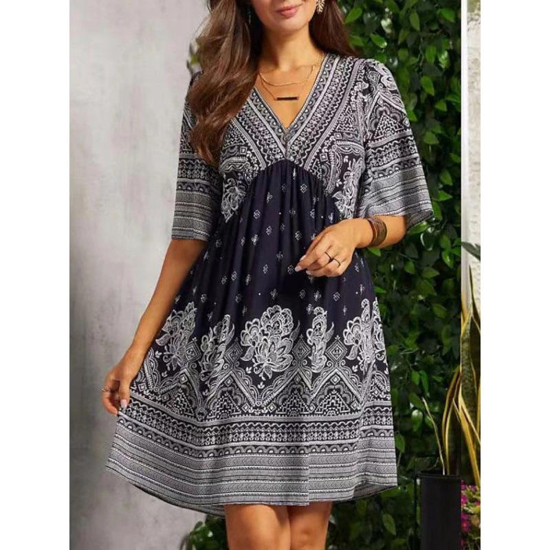 Women‘s V Neck Half Sleeve A-Line Maxi Dress Loose Fit Printed Bohemian Gown