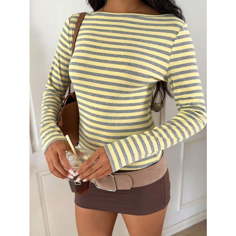 Damen Farbe Passend Gestreift Schlank Geschnitten Langarm Freizeit Basic T-Shirt