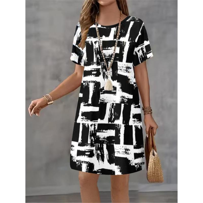 Women Summer Dress Fashionable Style Flower Print Casual Short Sleeved Round Neck A-line Dress Street Style Elegant Mini Dress