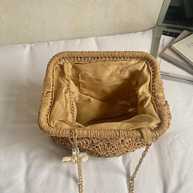 Yogodlns Women Straw Shoulder Bag Chain Strap Woven Crossbody Bags Large Capacity Cloud Clutch Purse Stylish Solid Color Beach Handbags