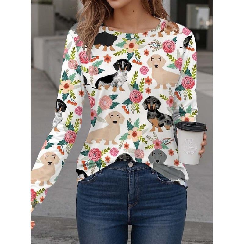 Spring and Autumn Fashion 3D Dog and Cat Printed Top Round Neck Long Sleeve Women's T-shirt