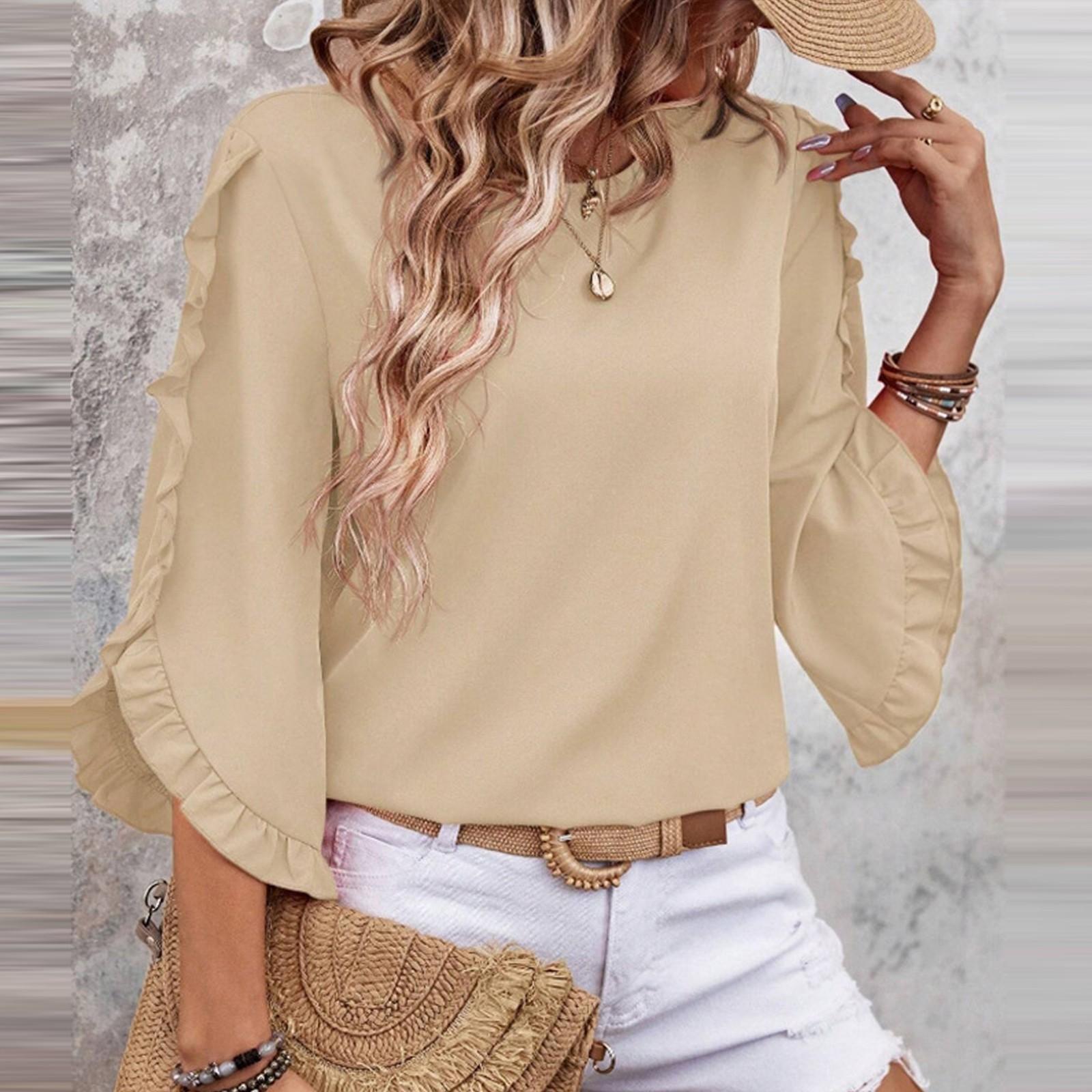 

Women s Fashion New Round Neck Lace Irregular Seven Quarter Sleeve Top S хакі
