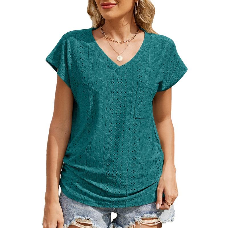 Women's Spring/summer Solid Color V-neck Pocket Short-sleeved T-shirt Top