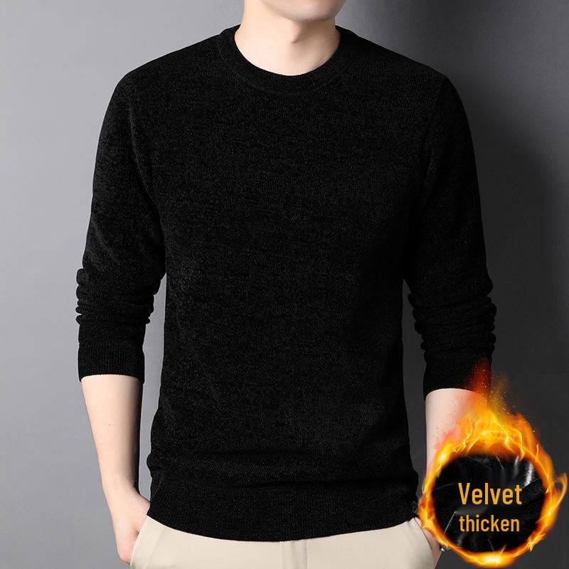 Chenille Men s Thick Knit Sweater - Round Neck, Warm Velvet, Casual Hoodie Pullover 3XL чёрный