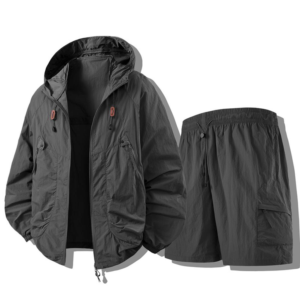 Men’s Lightweight Hooded Windbreaker Jacket and Shorts Set with Zipper Pockets Relaxed Fit Outdoor Wear