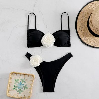 2 Pcs/Set Women Bikini Set Off Shoulder Lace-up Fake Flower Decor Color