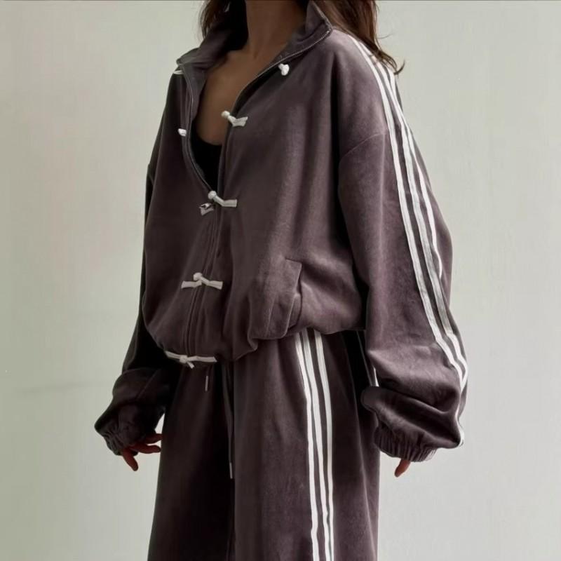 2026 Moda Żaba 3-Paski Dres Zestaw Vintage Kurtka ze Stójką Szerokie Spodnie Dresowe Damskie