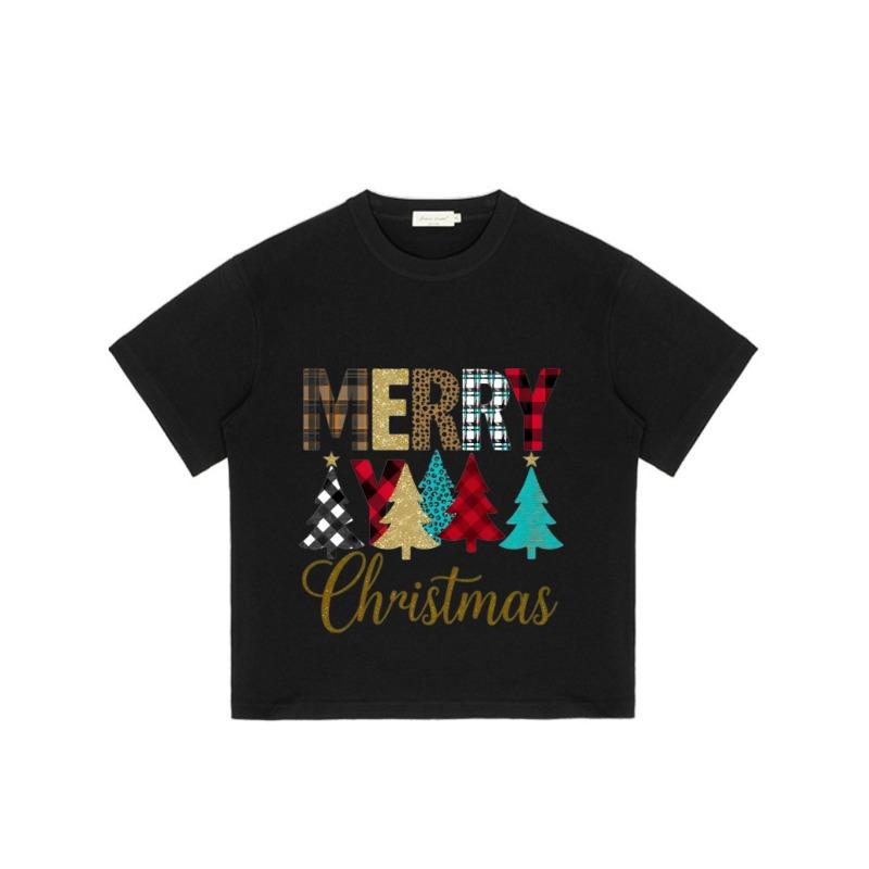 Merry Christmas T Shirt Black Plaid and Glitter Tree Pattern for Holiday Season
