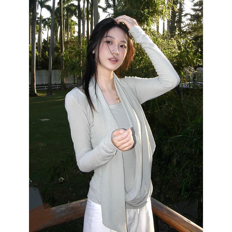 

French-Style Draped Halter Neck Knit Top for Women, Early Spring Lazy U-Neck Scarf Half-Placket Slim-Fit T-Shirt Bean Cyan S