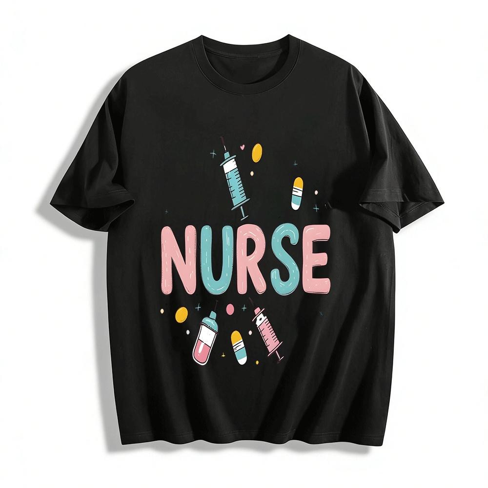 Cute Nurse Themed Print Casual Top For Medical Workers Pure cotton T-shirt XXS